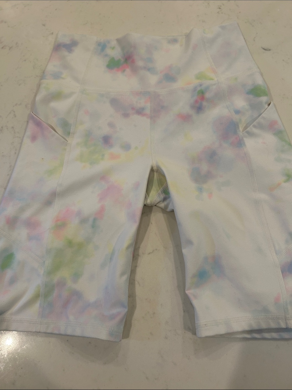 Fabletics White High-Waist Bike Shorts with Pastel Tie-Dye